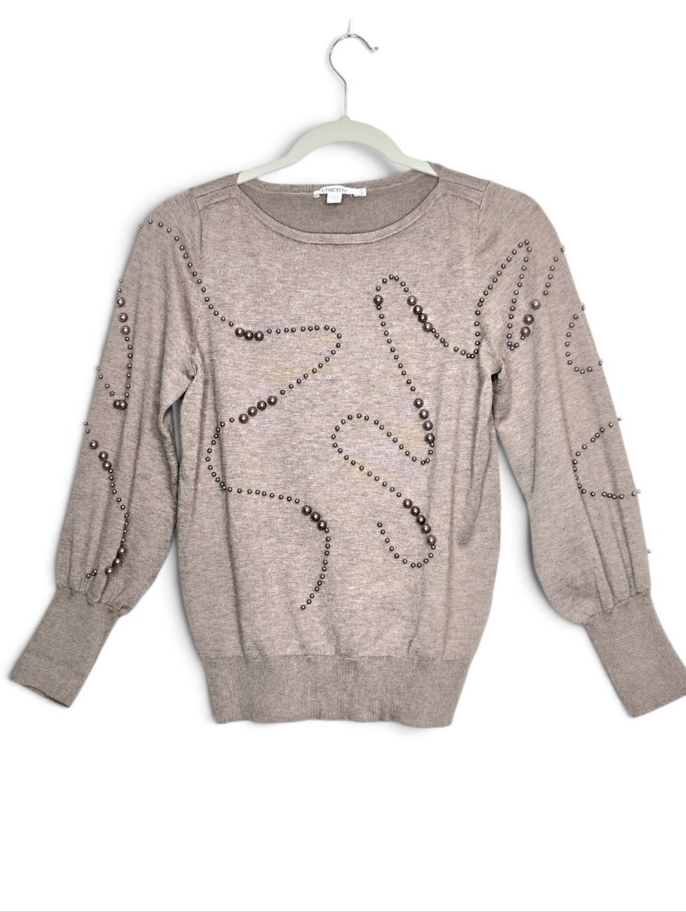 Chico's long sleeve sweater, Taupe With Pearl Accents. Size 0/S